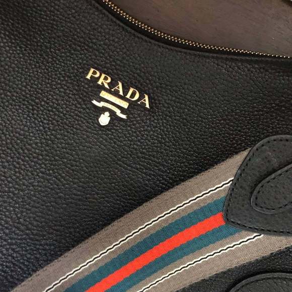 Prada Black Vitello Phenix Leather Web Stripe Strap - Picture 7 of 9